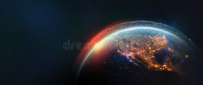 Earth view from space. Global network. Blockchain technology. Planet and communication
