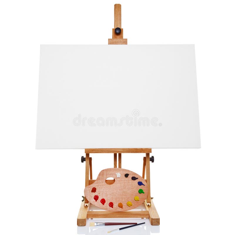 Easel with blank canvas palette paint and brushes
