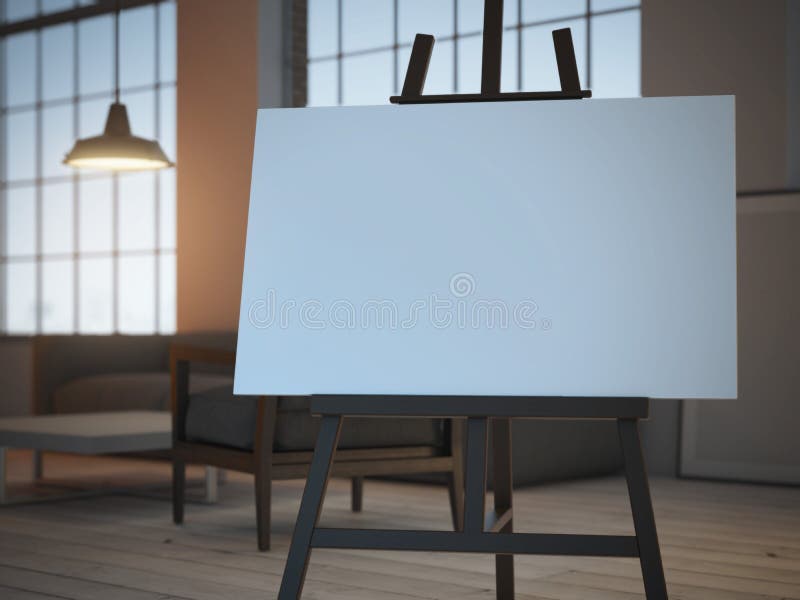 White blank canvas on wooden easel, in minimal living room