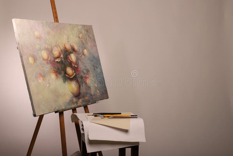 Oil Painting. Easel And Blank Canvas. Palette With Paints And Brushes.  Squeeze Out Oil Paints On A Palette And Pieces Of Canvas. Clean Canvas With  Copy Space Close Up. Stock Photo, Picture