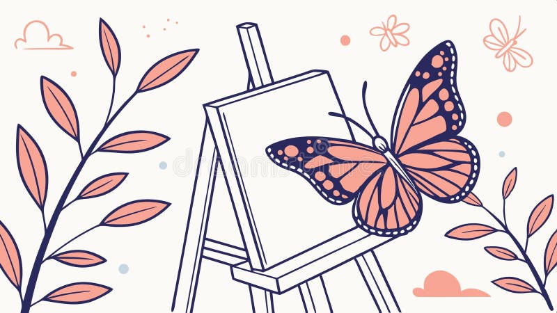 Pittura su cavalletto, arte della farfalla, creatività, hobby, ispirazione, design vettoriale, IA generativa. Illustrazione di un cavalletto con un dipinto di una farfalla e un pennello, che rappresenta arte, creatività, pittura come hobby, ispirazione e design vettoriale di espressione artistica, IA generativa