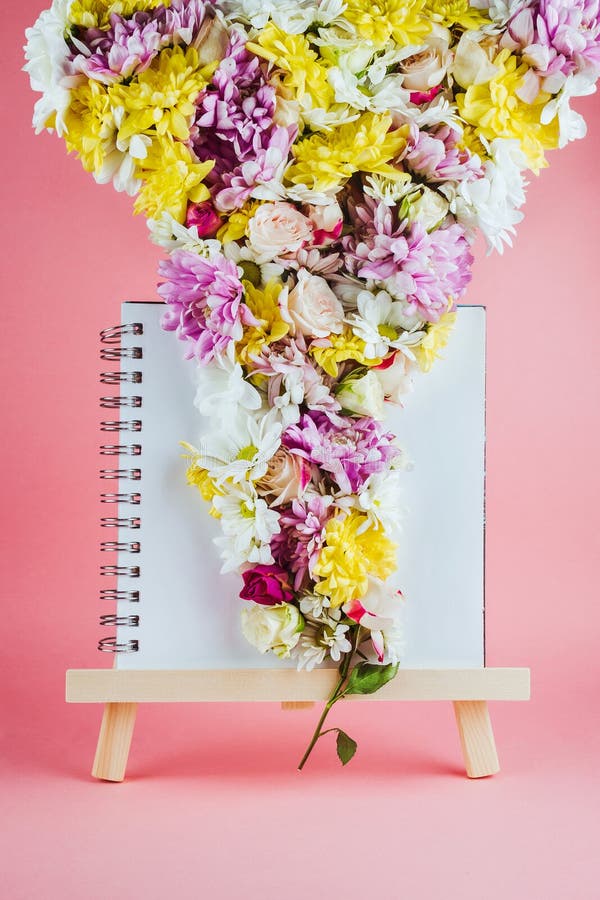 Easel with Sketchbook and Various Flowers Stock Image Image of rose