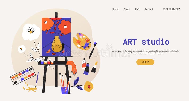 рисование начальной страницы easel. арт студия аксессуары веб-сайт ui макет. инструменты класса исполнителя. принадлежности для ма иллюстрация штока