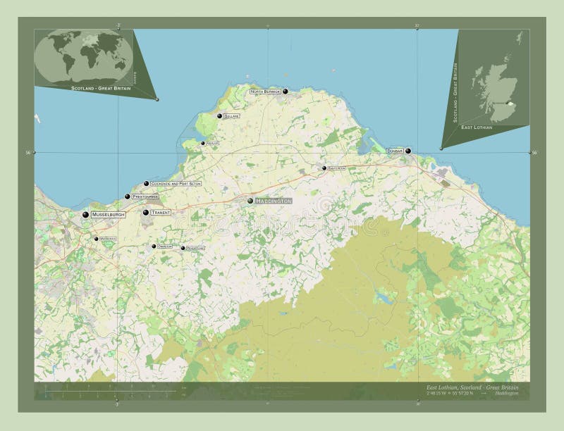 East Lothian, Scotland Great Britain. OSM. Labelled Points of Stock Illustration