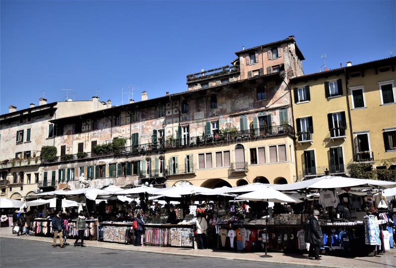 East Side, with Sunlit Stalls, in Piazza Delle Erbe in Verona ...