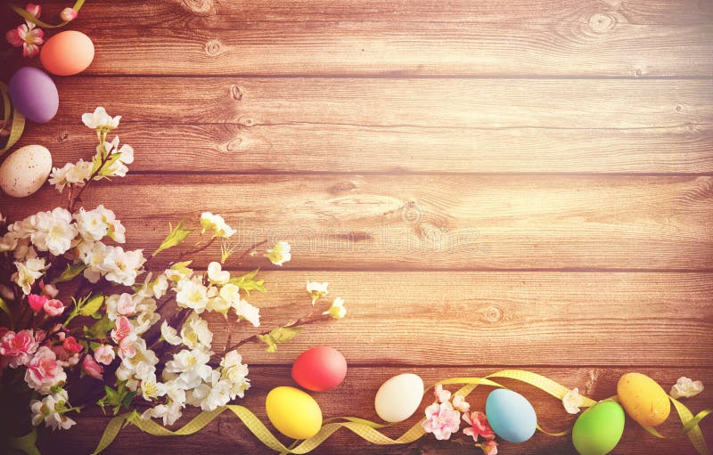 Easter background with colorful eggs and spring flowers stock image Easter background with colorful eggs and spring flowers stock image