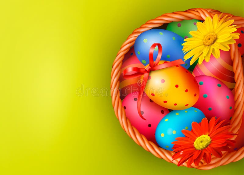 Easter background with Easter eggs and flowers wit