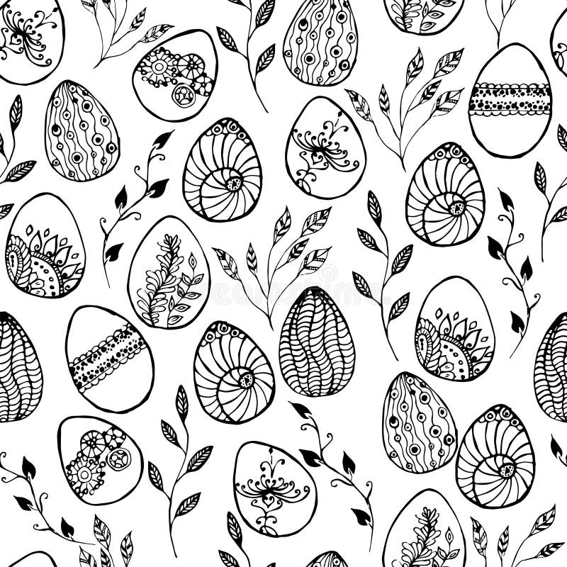 Easter Background With Eggs Hand Drawn Black On White Background