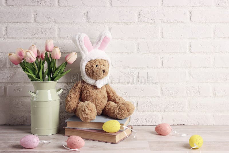 TEDDY BEAR CLIP-ON WHITE BUNNY EARS EASTER EGG BASKET:SOFT-CUDDLY:NORTH AMERICAN 