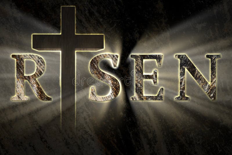 Easter background with Jesus Christ cross and risen text written, engraved, carved on stone