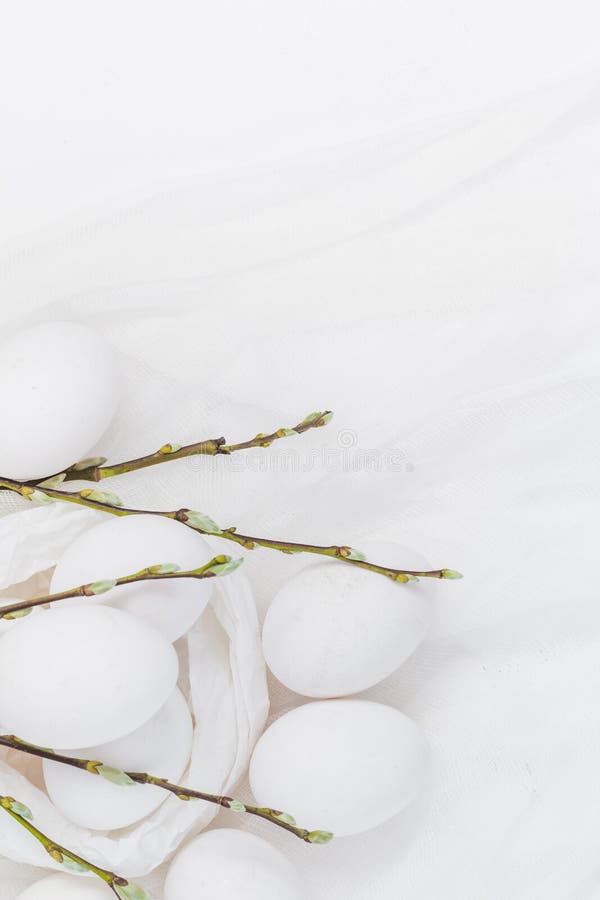 Easter background with white eggs and basil twigs. Easter background with white eggs and basil twigs