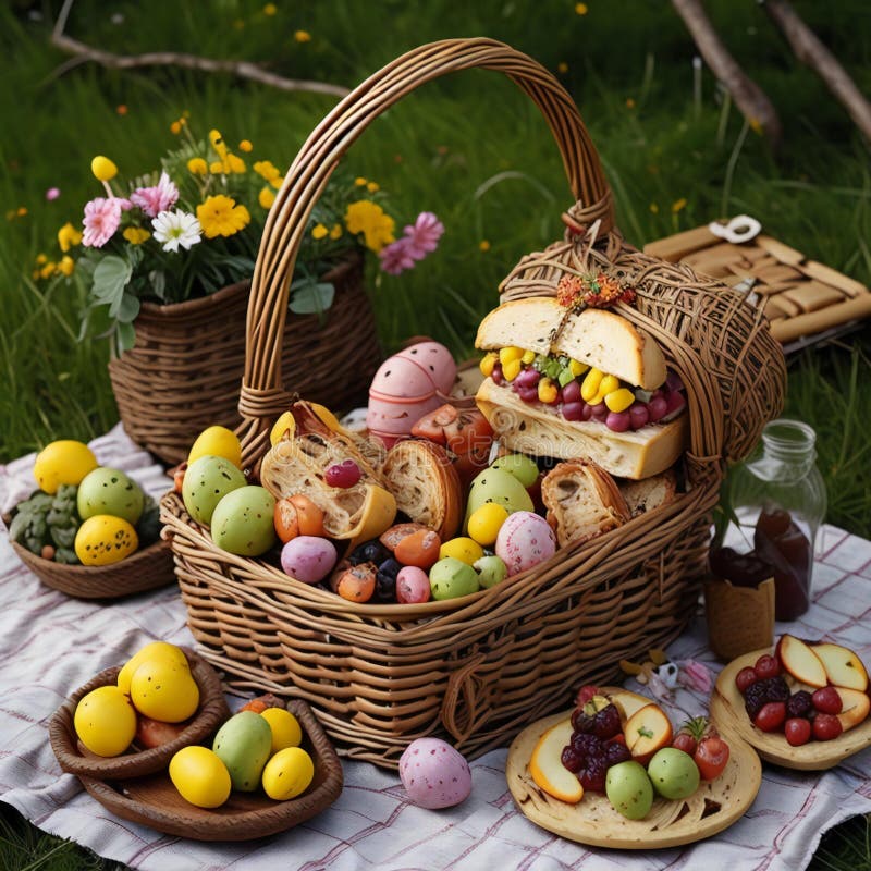 Easter Basket with Colorful Eggs, Fruits and Pastries on the Grass