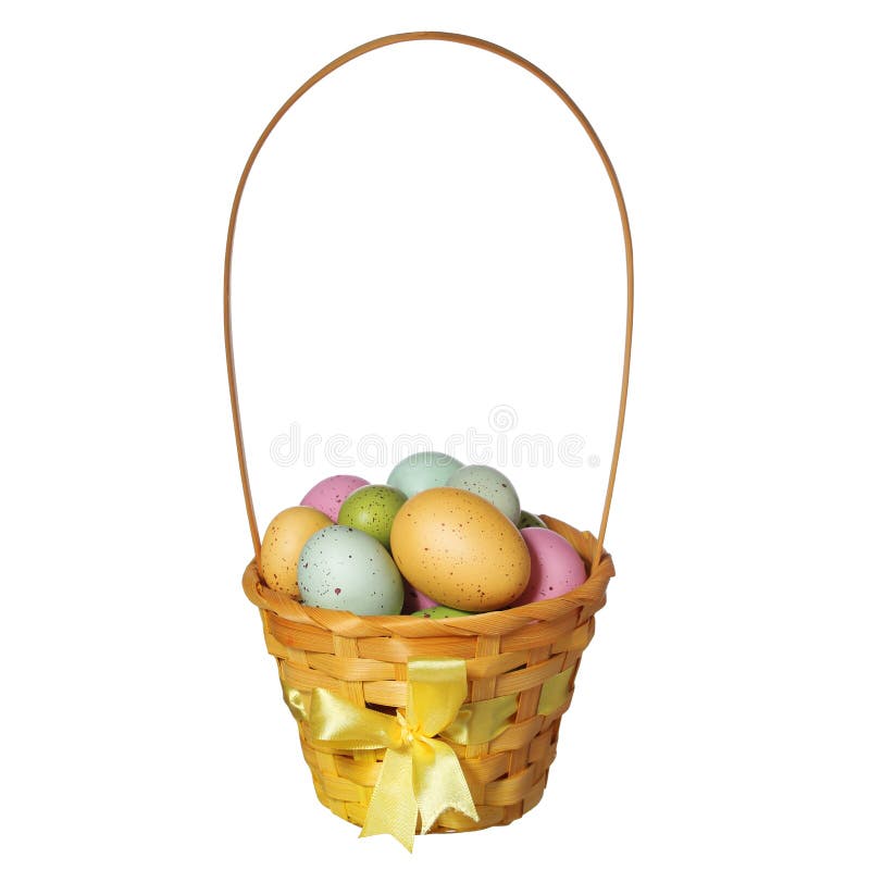 Easter basket with colorful eggs isolated