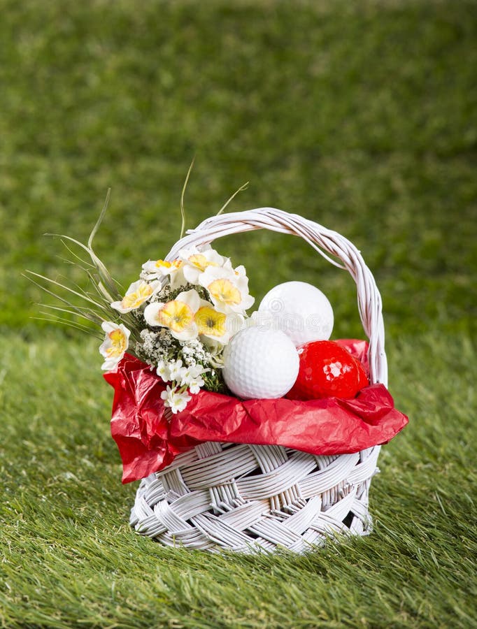 Easter Basket with Golf Balls and Flowers Stock Photo Image of happy