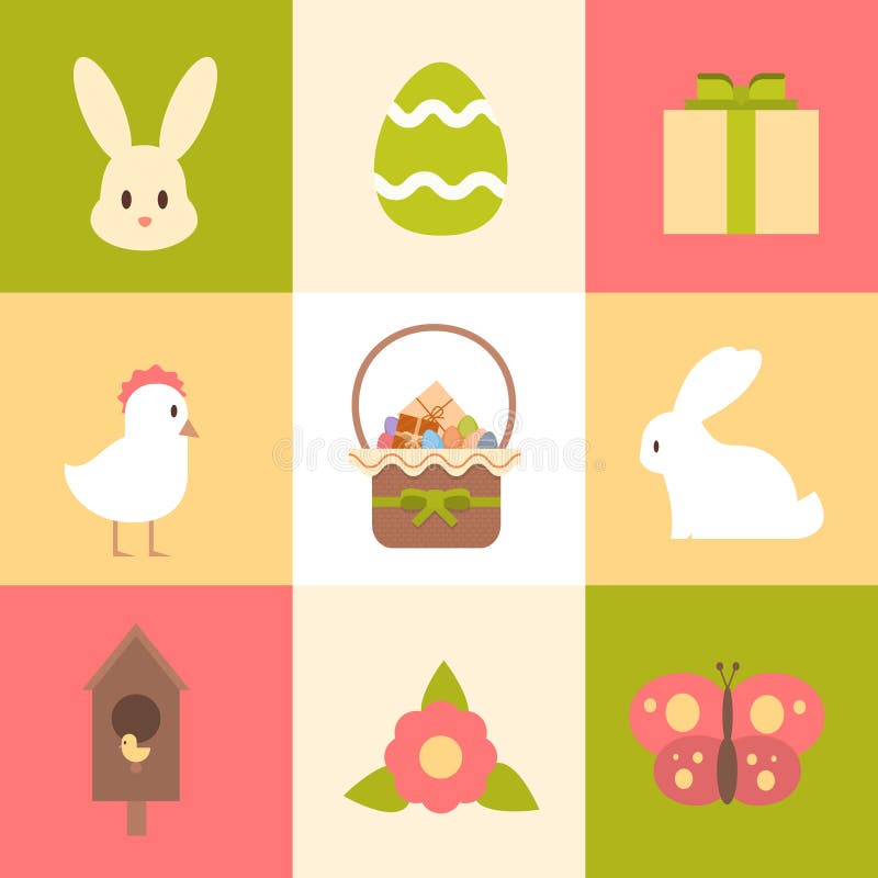 Easter Basket Holiday Symbols Greeting Card Stock Vector Illustration