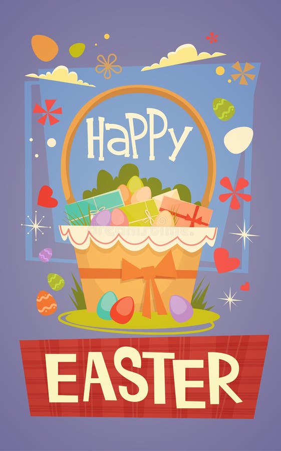 Easter Basket Holiday Symbols Greeting Card Stock Vector Illustration