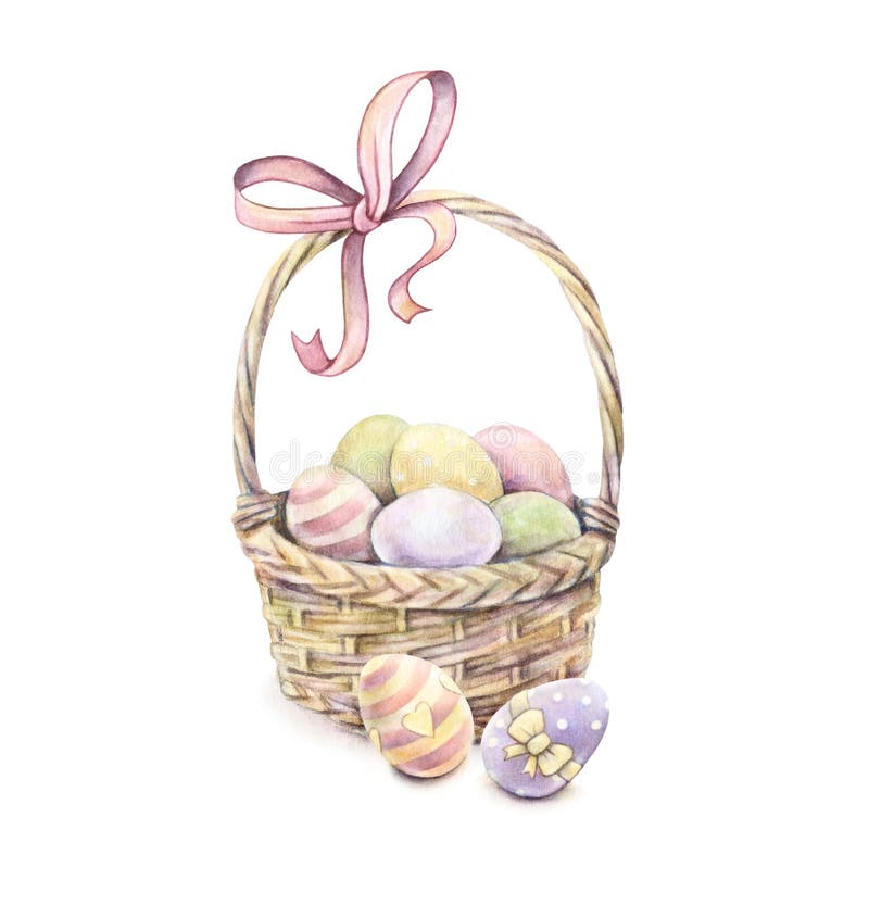 Easter basket isolated on a white background. Color Easter eggs. Watercolor drawing. Handwork