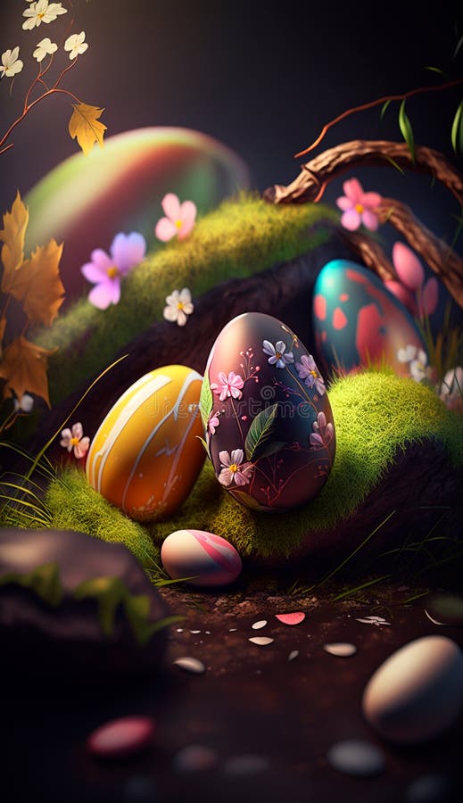 Easter Beautiful Eggs on the Moss in the Fairy Forest. Minimal Easter