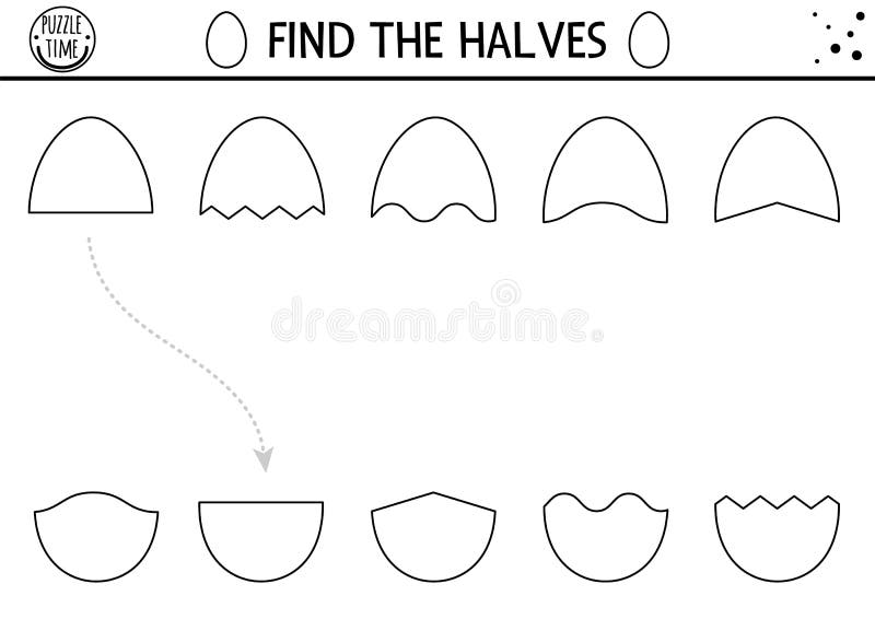 Easter black and white matching activity for children. Outline spring puzzle with eggs. Holiday celebration game, printable worksheet or coloring page for kids. Find the halves