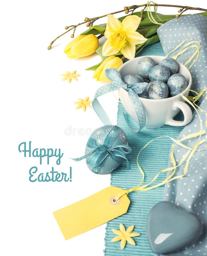 Easter border with yellow flowers and blue decorations on white