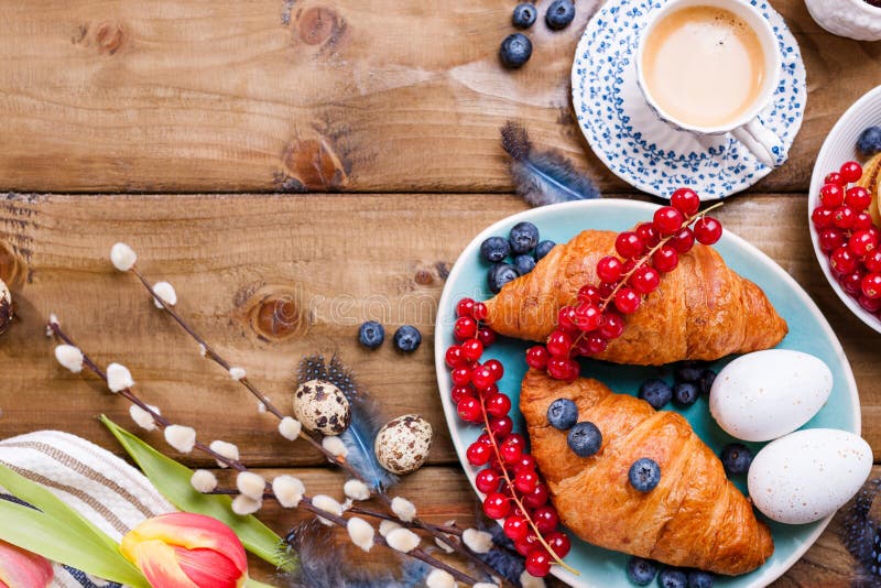 Easter Breakfast Flat Lay with Fresh Coffee, Berries and Pastries ...