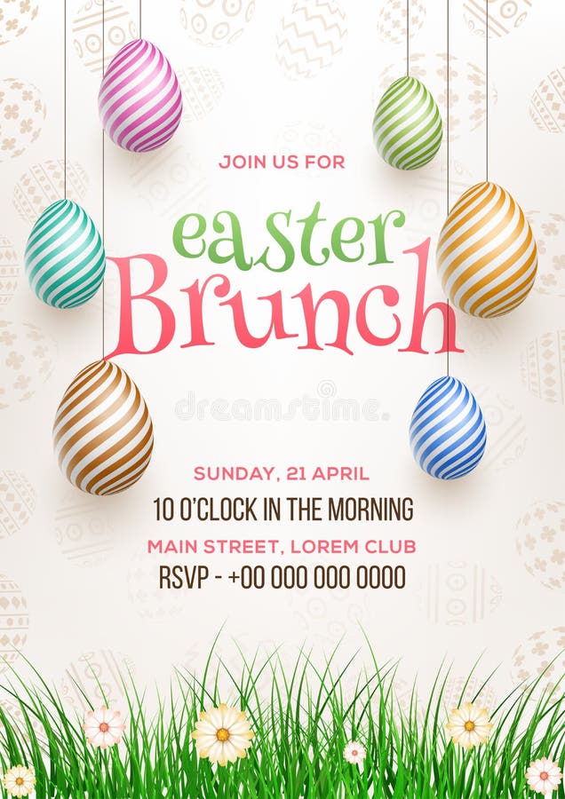 Easter Brunch invitation card design, illustration of colourful easter eggs.