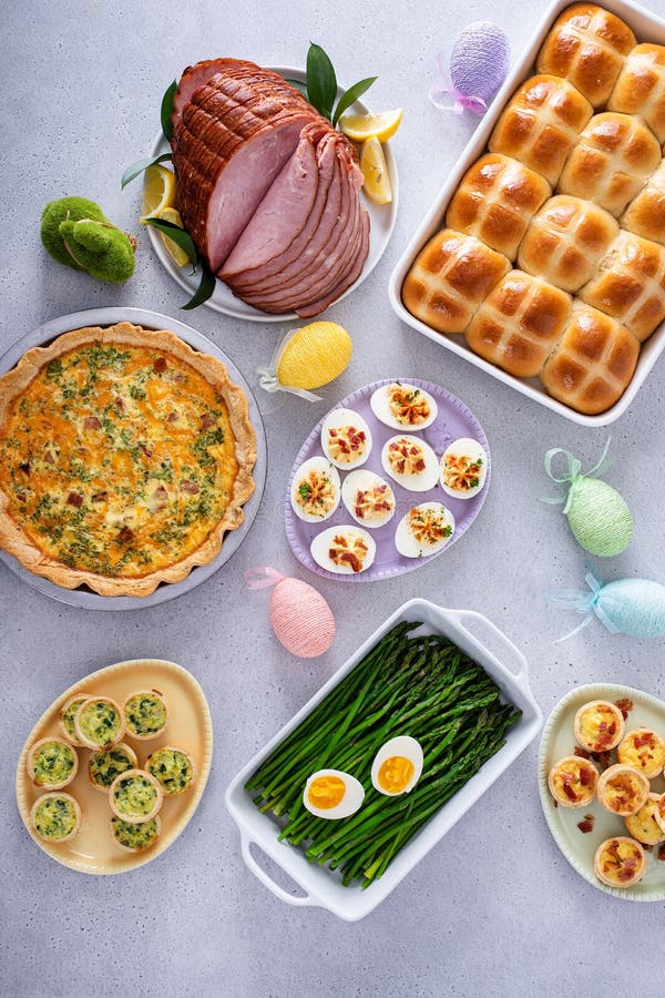 Easter Brunch Table with Ham, Quiche, Hot Cross Buns Stock Photo ... Easter Brunch Table with Ham, Quiche, Hot Cross Buns Stock Photo ...