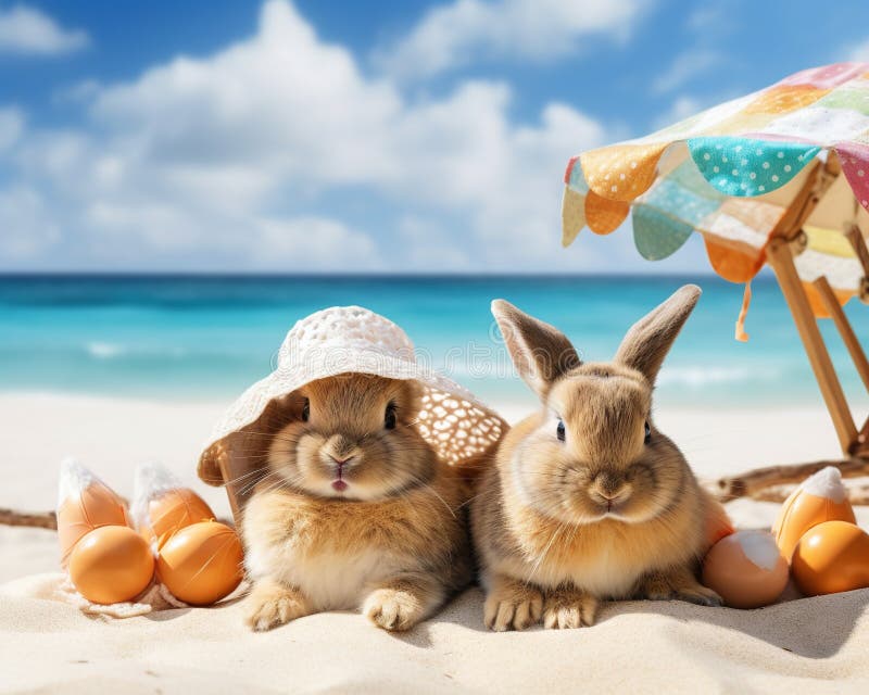 Easter Bunnies are on the Beach. Stock Illustration Illustration of