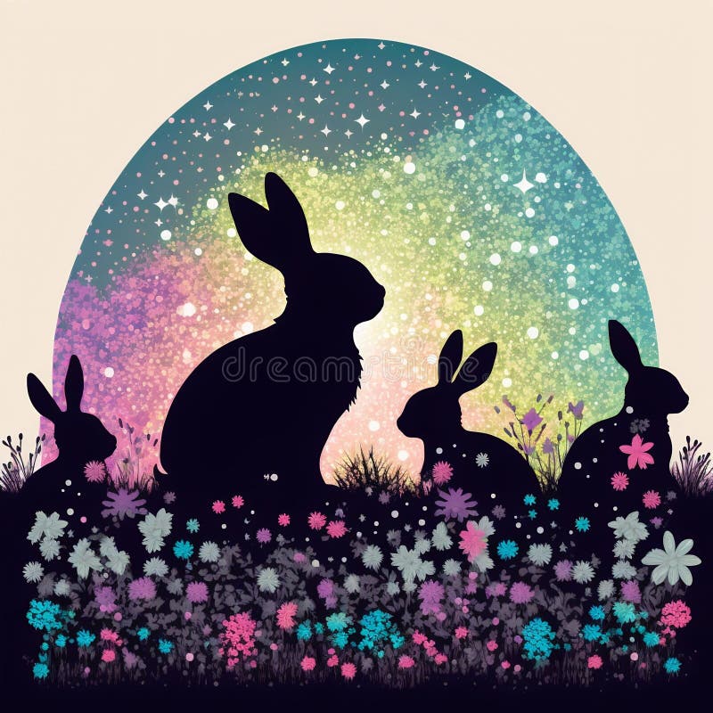Easter bunnies in a flower meadow. Generative AI royalty free illustration