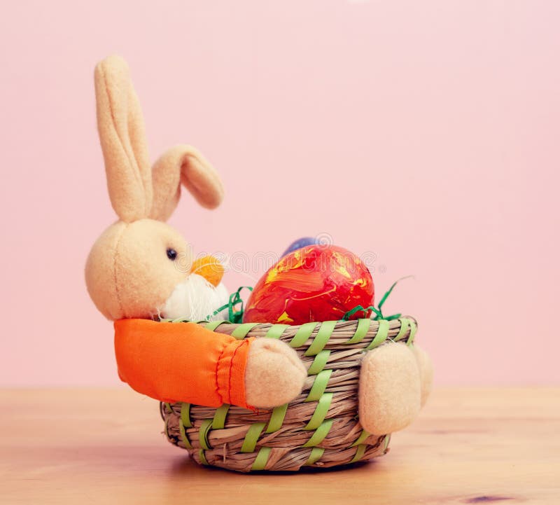 Easter Bunny in Basket with Egg Stock Image Image of flower, eggs