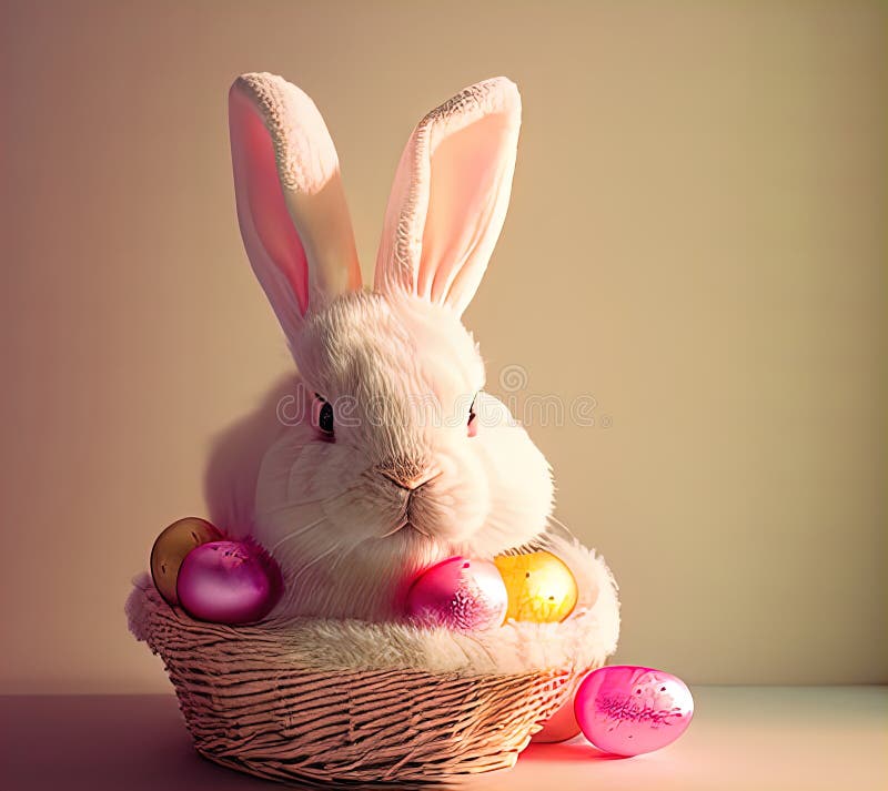 Easter Bunny with Basket and Eggs Stock Photo Image of background