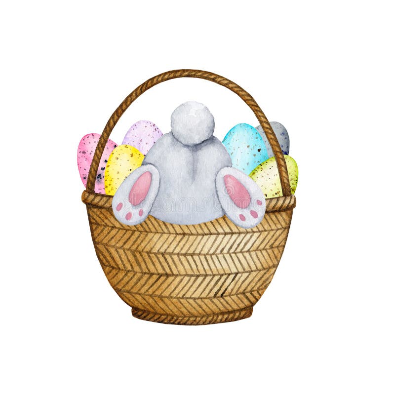 Easter Bunny in a Basket with Eggs. Stock Illustration - Illustration