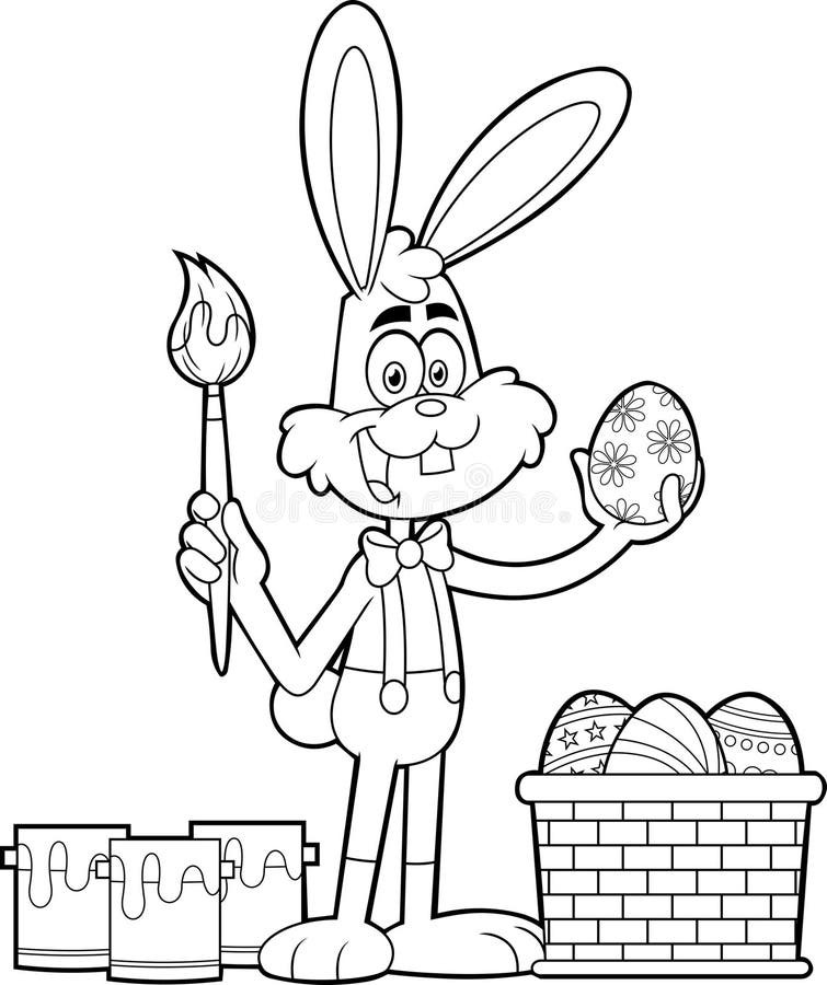 Outlined Happy Cartoon Character Rabbit Painting Easter Eggs royalty free illustration