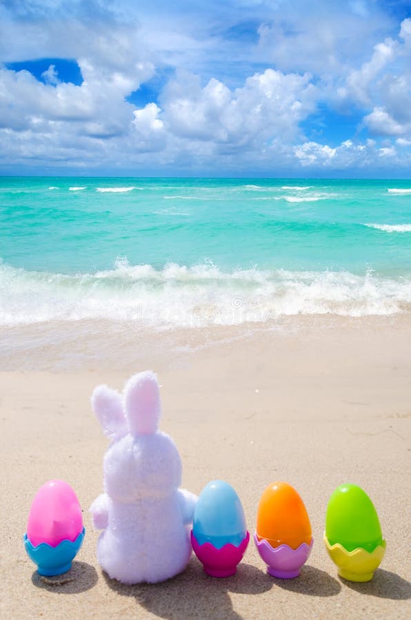 Easter Bunny and Color Eggs on the Beach Stock Photo Image of