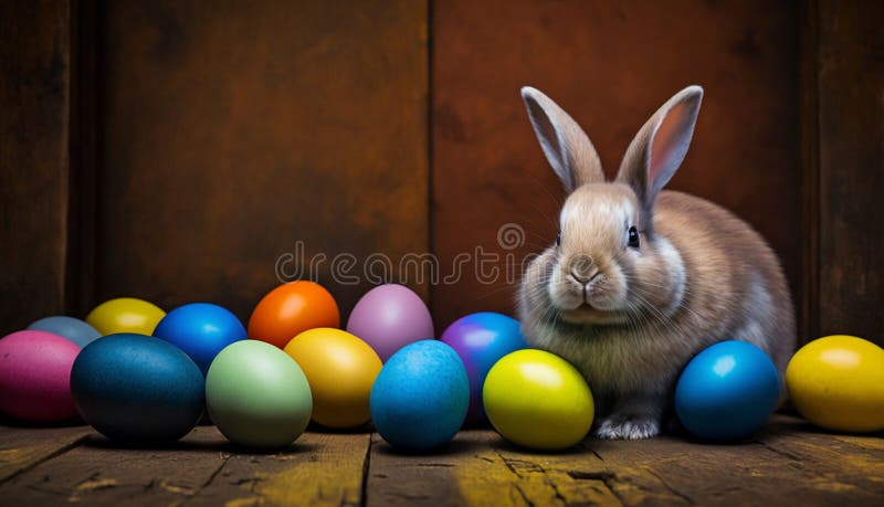 Easter Bunny with Colored Eggs, Easter Holiday Celebration Concept ...