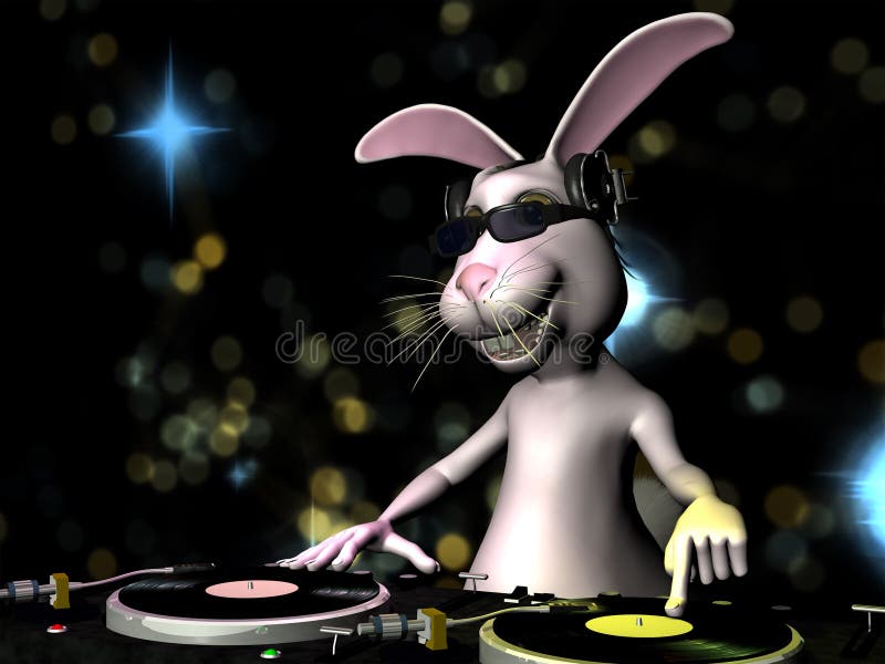 Il Coniglietto di Pasqua, indossando occhiali da sole e cuffie, lavorando come DJ mixando dischi.