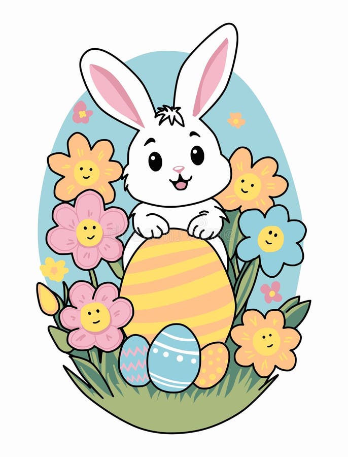 The Easter Bunny. a Drawing of a Cute White Rabbit with Colored Eggs