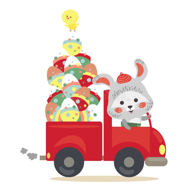 Easter bunny drive car with truck full of decorated eggs, hunter cute white rabbit auto driver , happy holiday vector greeting card, spring hare hunting egg isolated illustration.