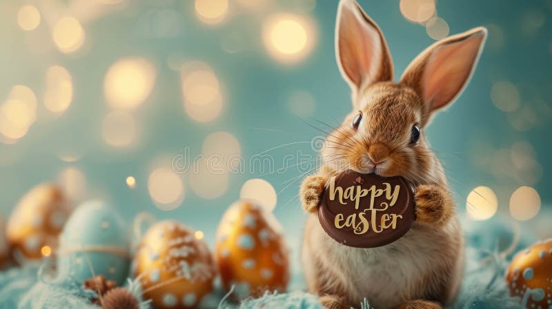 Easter Bunny Eating Chocolate With Message on A Light Background With Lights And Eggs. The Text Is : "Happy Easter", A Easter Background For Festive Greeting. Easter Bunny Eating Chocolate With Message on A Light Background With Lights And Eggs. The Text Is : "Happy Easter", A Easter Background For Festive Greeting