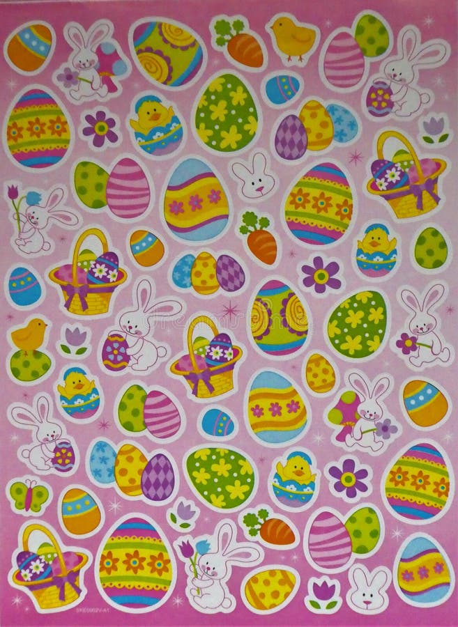 Easter stickers of eggs, bunnies, chicks, baskets illustrations on a pink background. Easter stickers of eggs, bunnies, chicks, baskets illustrations on a pink background