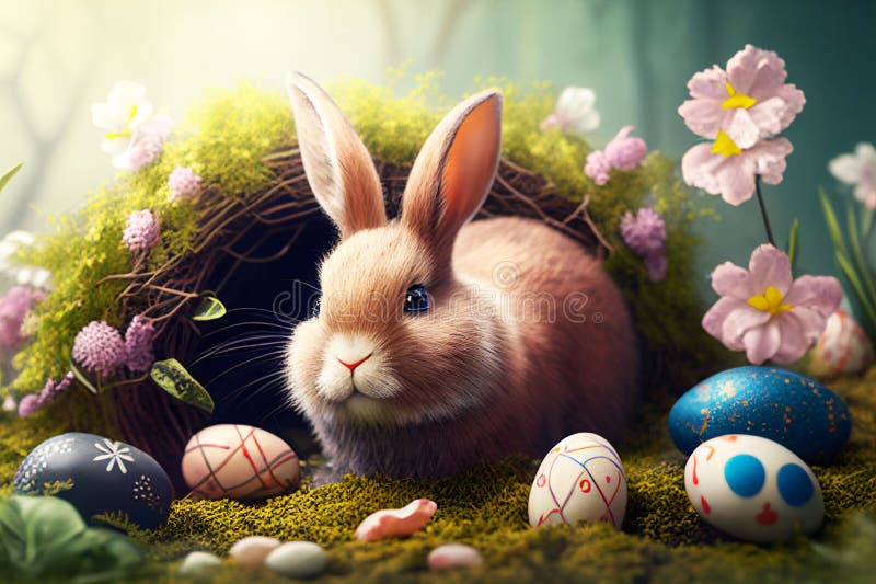 Easter Bunny with Eggs. Flowers in the Background. Easter Stock