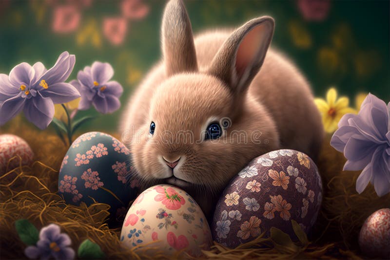 Easter Bunny with Easter Eggs and Flowers, in a Nest. Stock