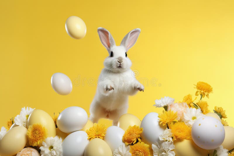 Easter Bunny with Eggs and Flowers on Yellow Background Stock Image