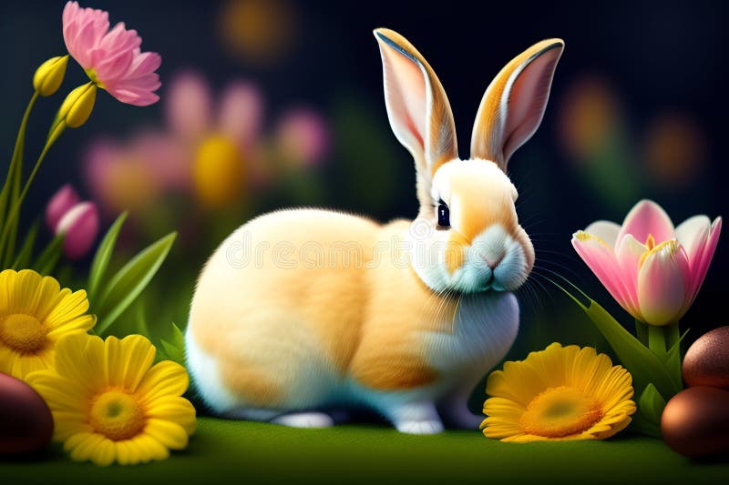 Easter Bunny with Flowers and Easter Eggs on Wooden Background Stock