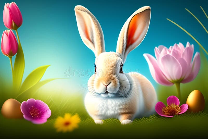 Easter Bunny with Flowers and Easter Eggs on Wooden Background Stock