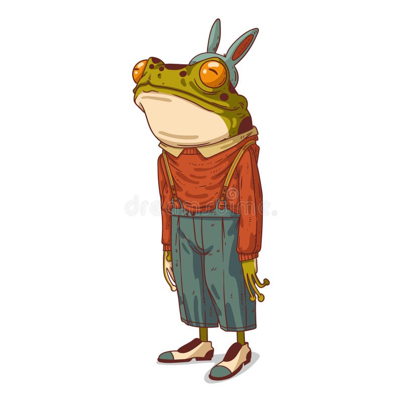 Easter bunny frog, isolated vector illustration. Elegant anthropomorphic frog wearing trousers with suspenders and rabbit ears vector illustration