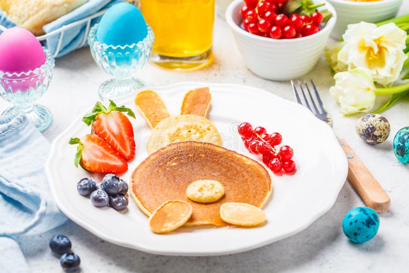 Easter Bunny of Pancakes with Berries. Easter Breakfast Table. Colored ...