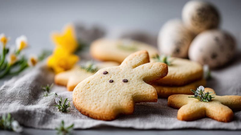 Easter bunny-shaped cookies and decorated eggs create a festive and delicious spring display. royalty free illustration