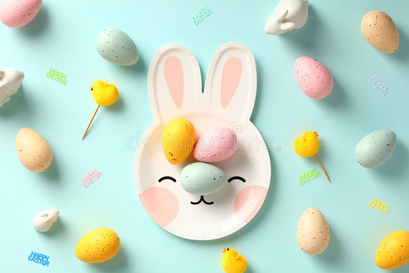Easter Bunny Shaped Plate with Colorful Easter Eggs and Decorations on