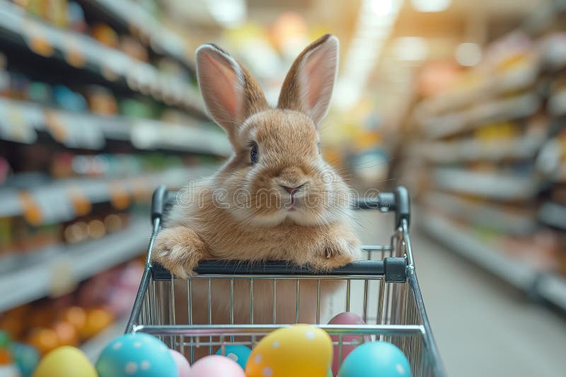 Easter Bunny Standing with Shopping Cart of Easter Eggs in Supermarket Stock Photo Image of